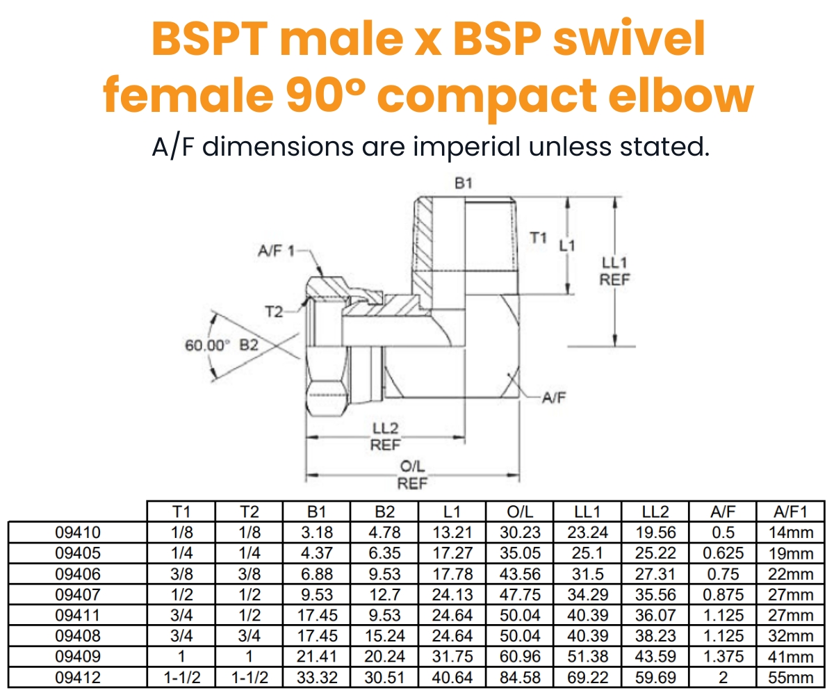 1/8 BSPT x 1/8 BSP M/F 90° Compact Hydraulic Adaptor